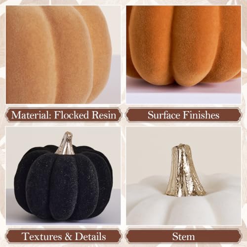 Mini Fall Pumpkin Decor Set of 12 - Velvet Pumpkins in Orange, Black, Khaki & White with Silver Stems