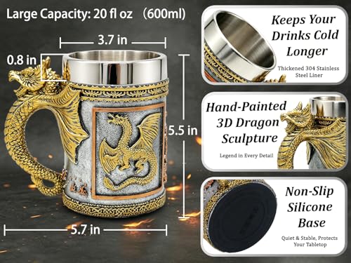 Medieval Dragon Beer Mug - 20 Fl Oz Stainless Steel & Resin Fantasy Tankard