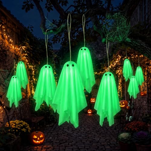 Halloween Hanging Ghost Decorations Set - Glows in the Dark, 24 Pieces