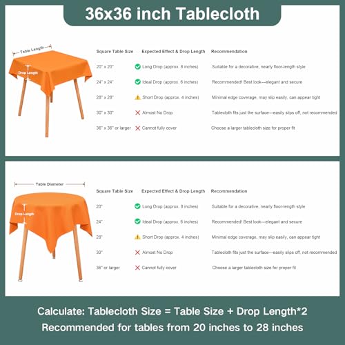 Orange Washable 36x36 Inch Square Tablecloth for Dining & Events - 2 Pack
