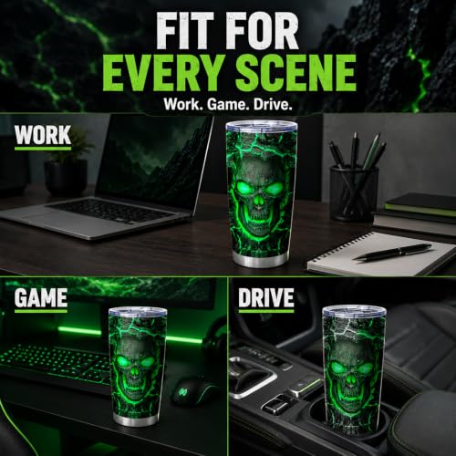20oz Green Fire Skull Lava Tumbler with Insulation for Hot Cold Drinks - Halloween Gift