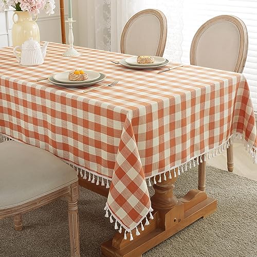 Orange Checkered Fall Tablecloth 55x70 inch Rectangular Washable Buffalo Plaid with Tassel Edges