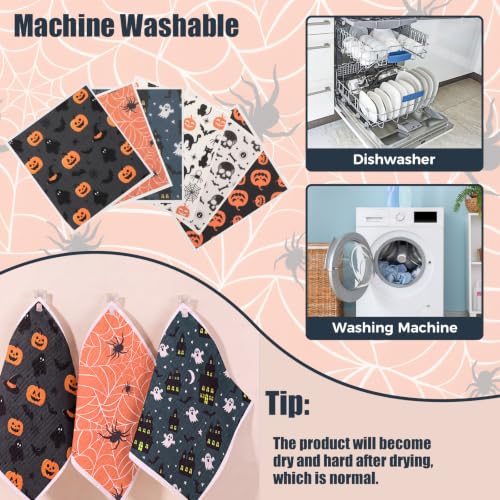 Halloween Swedish Dishcloths Set with Clips - Ghost Black Cat Spider Variation