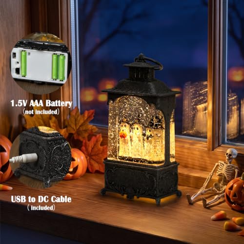 Halloween Ghost Snow Globe Lantern - Hand-Painted Indoor Halloween Decorations - Spooky Glitter Globe with Timer & USB Power - Variation of This Listing