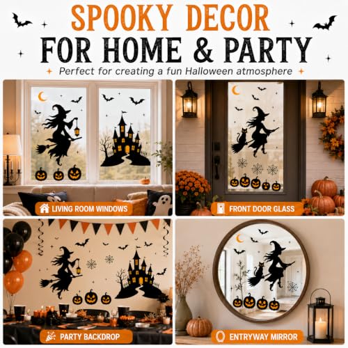 Halloween Window Clings - Extra Large Witch Castle Bat Decorations - Variation of Witch Castle Bat