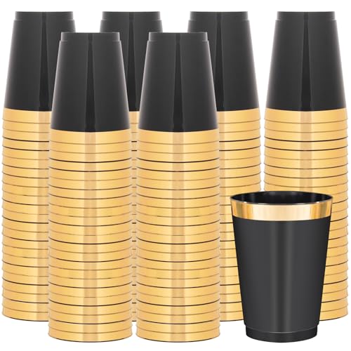 200 Pack Black Plastic Cups 10 oz with Gold Rim - Disposable Party Cups