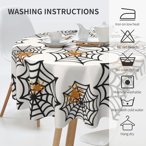 Halloween Black Spider Web Round Tablecloth 70 Inches with Gold Spiders - Spooky Party Decor