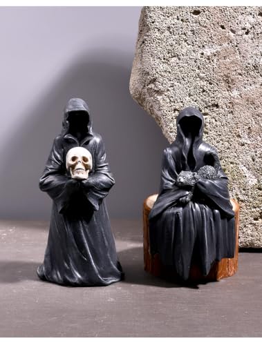 Gothic Death Sitting Statue with Full Cat - Dark Themed Resin Sculpture for Halloween & Decor