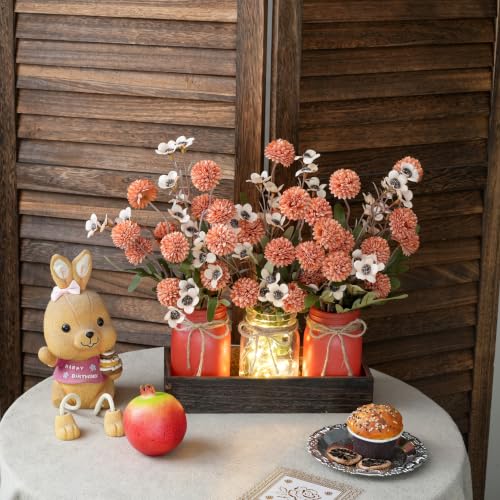 Mason Jar Lights Centerpiece with Wood Tray - Orange Red Floral Decor