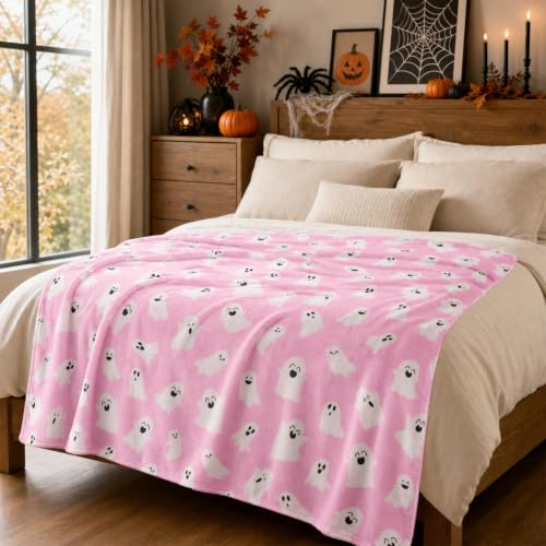 Cute Ghost Halloween Throw Blanket - Pink 50x60 Inches for Women Men