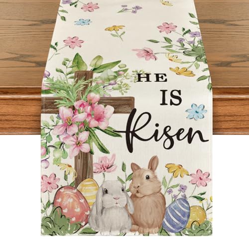 Easter Bunny Eggs Table Runner 13x72 Inch Seasonal Spring Kitchen Decor - Beige