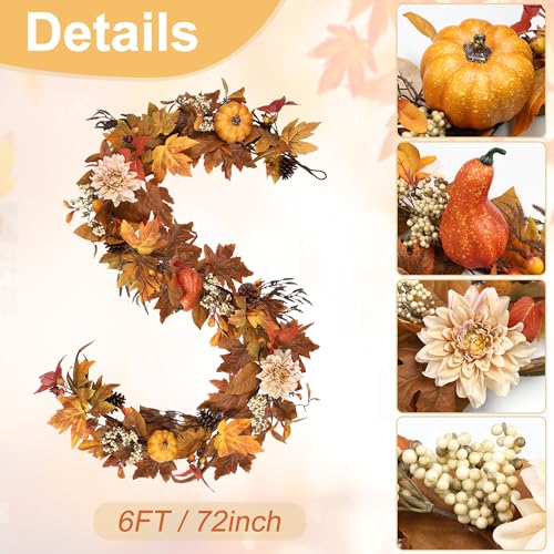 Fall Garland 6Ft Autumn Maples Leaves Pumpkins Berries Pine Cones Decor