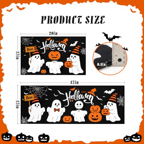 Halloween Ghost and Pumpkin Non-Slip Kitchen Rugs Set of 2 - 17x29 & 17x47 Inches