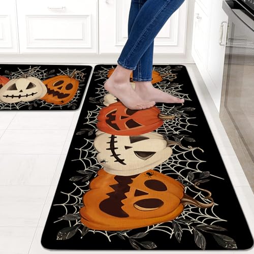 Halloween Kitchen Rugs Set of 2 - Black Pumpkin Spider Web Floor Mats - Halloween Non-Slip Washable Home Decor - Pumpkin Variation