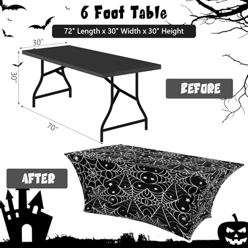 Halloween 2 Pack White and Black Spider Web Tablecloths - 6 ft Rectangular Spandex Table Cover for Parties & Events
