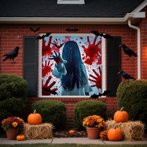 Large Halloween Window Decal with 12 Bat Stickers - Indoor & Outdoor Decoration