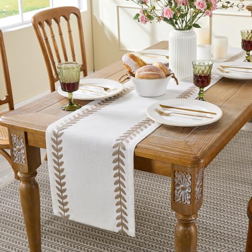 Taupe Linen Embroidered Table Runner 13x108 Inches - Elegant Dining Decor
