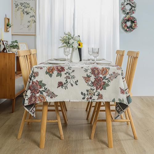 Dimatic Cotton Linen Rectangular Tablecloth with Botanical Elements - Red 55 x 94 Inches (Flower Variation)