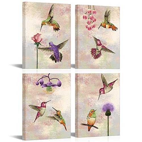 Bird Canvas Wall Art Set - Hummingbird Flower Pictures for Living Room & Bedroom Decor - 4 Pieces, 12x16 Inches