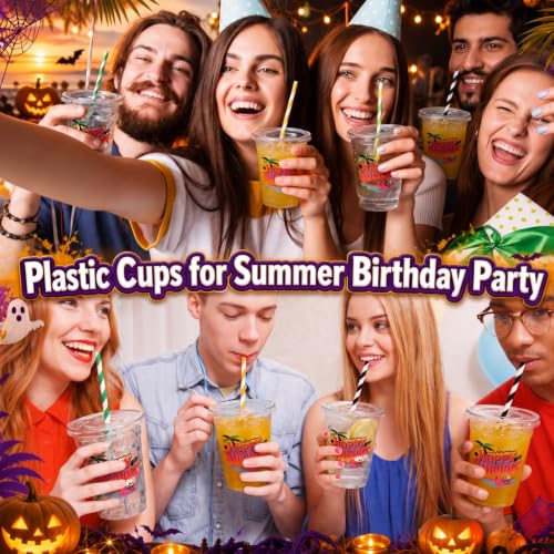 Happy Summer Halloween Disposable Plastic Cups Set - 100 Count with Lids & Striped Straws