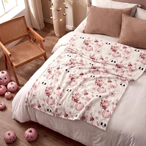 Pink Pumpkin Ghost Fall Throw Blanket - Halloween Soft Flannel 50x60 inches - Spooky Pumpkin Variation