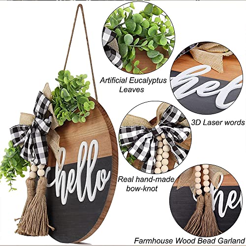 Hello Door Wreath for Front Door - Spring Farmhouse Decor, 13 Inch Black Brown
