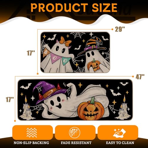 Halloween Kitchen Rugs Set of 2 - Ghost & Witch Design, 17x29 & 17x47 Inches, Multi-Color