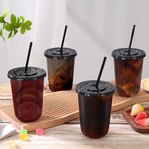 Black Plastic Disposable Cups with Lids & Straws 16oz - 100 Set