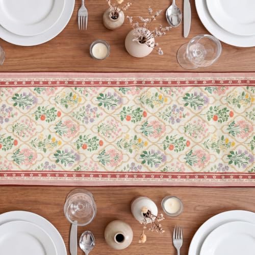 Beige Diamond Plaid Flower Vintage Table Runner 13x72 Inch - Pink/Beige Variation