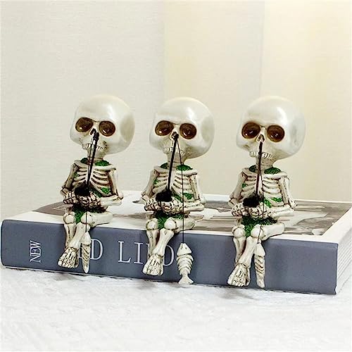 Mini Skeleton Fishing Garden Statue - White Resin Home Decor Sculpture