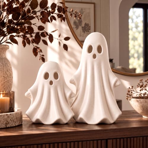 White Halloween Ghost Figurines Set of 2 - Terracotta Spooky Decor