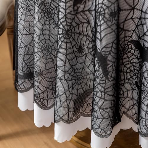 Halloween Spiderweb Tablecloth 70 Inch Round Black Bats Lace Cover for Parties