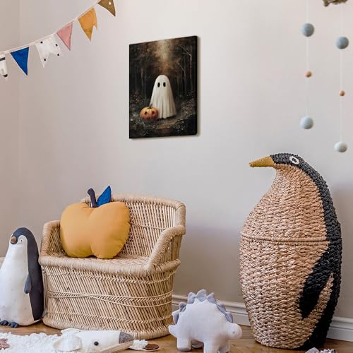 Halloween Ghost Pumpkin Canvas Wall Art - 11x14 Inch Spooky Home Decor