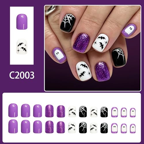 Halloween Press On Nails Short Square Fake Nails with Spider Ghost Design Purple Glitter - Variation 11
