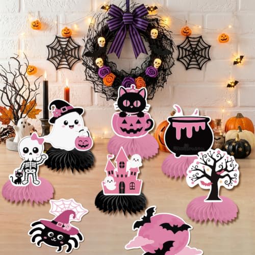 Halloween Honeycomb Table Centerpieces Set - Black Pink Pumpkin Ghost Spider Bat Pattern - PRESSINART, 12 Pcs