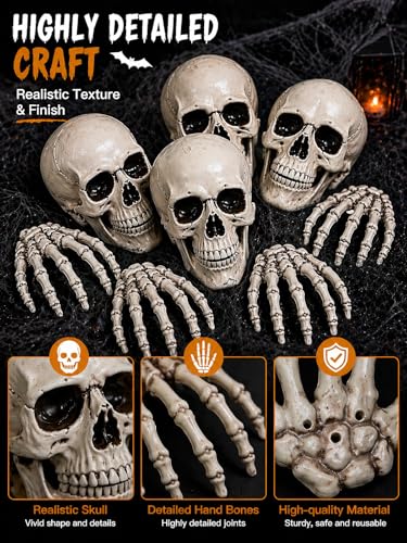 Halloween Skeleton Decorations Set with Skull Heads and Hands - 8 Pack Miniature Props for Haunted House & Yard Decor