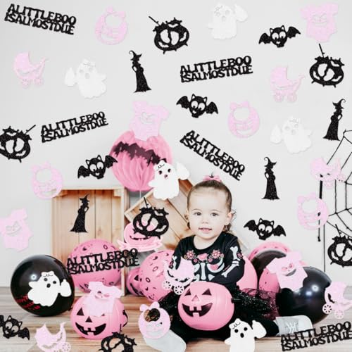 Halloween Baby Shower Confetti Decor with Ghosts Witches Pumpkins - Pink Black Silver