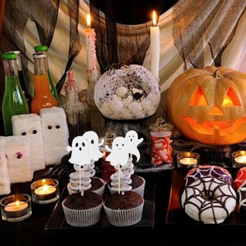 White Ghost Halloween Cupcake Toppers - 24 Pcs Glitter Cake Picks for Party