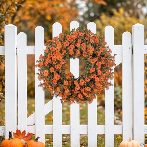 Fall Wreath for Front Door - Autumn Harvest Decor with Eucalyptus & Mums - Orange-3