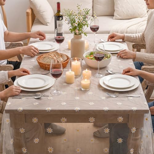 White Embroidery Daisy Tablecloth 60x120 Inch Rectangular - Durable Polyester