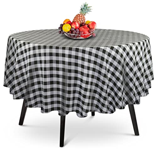 Checkered Black Round Plastic Tablecloth 84 Inch - Disposable Party Cover - Variation of THIS listing
