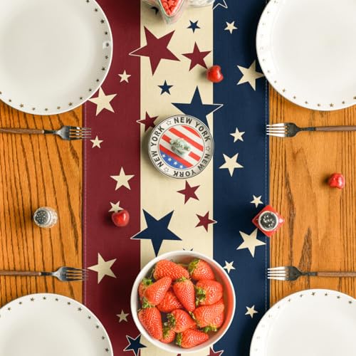 Stars Stripes 4th of July Patriotic Table Runner 13x120 Inch Red Beige Blue