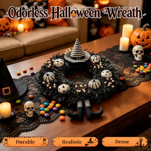 Halloween Wreath 24 Inch Front Door Decor with Striped Hat and Legs - Gothic Style Variation of Hat-Legs / 24"
