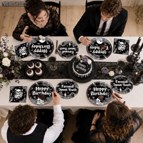 Gothic Birthday Party Plates and Napkins Set - Black & White Skull Design