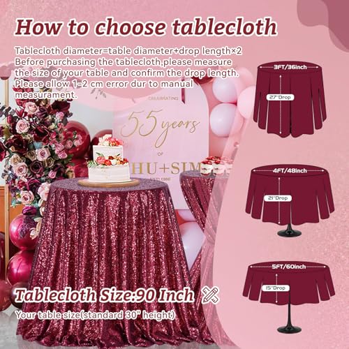 B-COOL 90 Inch Burgundy Round Sequin Tablecloth for Weddings & Parties