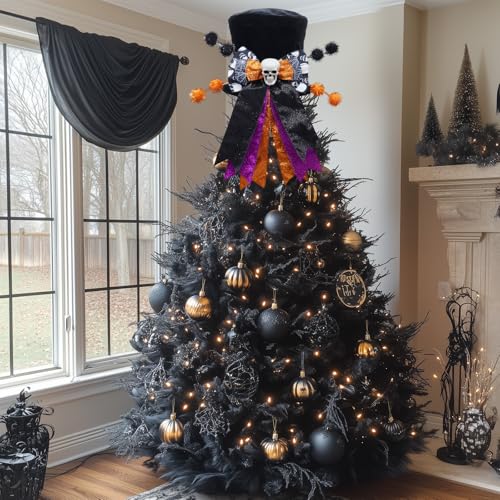 Halloween Tree Topper Hat with Wired Bow and Skull - Black Velvet Decor