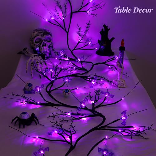 9FT Halloween Garland with Purple LED Lights & Bats - Indoor Spooky Decor, Battery Operated