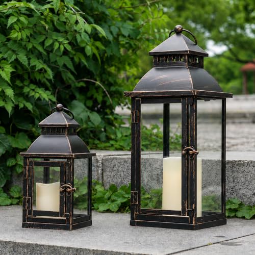 Large Bronze Metal Lanterns Set of 2 with Glass for Indoor Outdoor Decor - 17" & 11" Variation