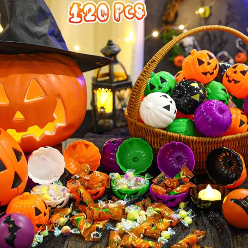 Colorful Halloween Pumpkin Container Buckets - 120 Pack Plastic Gift Holders