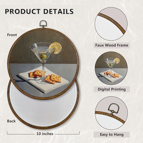 Cheese Crackers Wall Art - Martini Cocktail Food Decor, 10x10 Inch Round Canvas with Frame